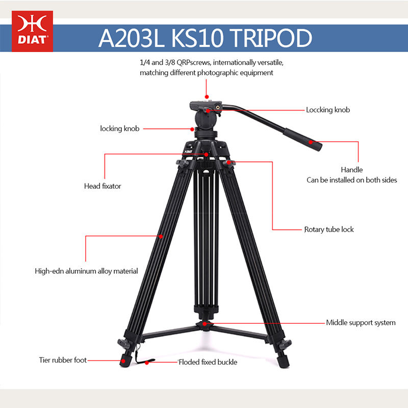 ديات A203L KS-10 سبائك الألومنيوم دعم الفيديو الرقمي ترايبود 1.8 متر ارتفاع 3 أقسام