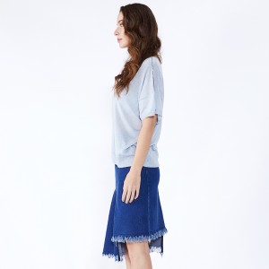 خليط الأزرق غير المتكافئة طول الركبة جينز ميدي الدينيم تنورة JCGJ190315027