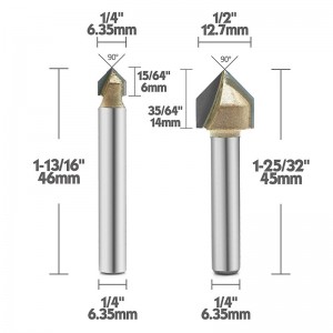 90 بت درجة الأخدود الموجه بت ، التيتانيوم المغلفة كربيد 2-الفلوت CNC نقش بت النجارة شطب شطبة القاطع ، 1/4 بوصة عرقوب