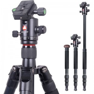 Kingjoy Travel Tripod Kit ، حامل ثلاثي الأبعاد لكاميرا الفيديو الألومنيوم مع رأس السحب عموم المائع ، العمود الأوسط ، زاوية الساق القابلة للتع...