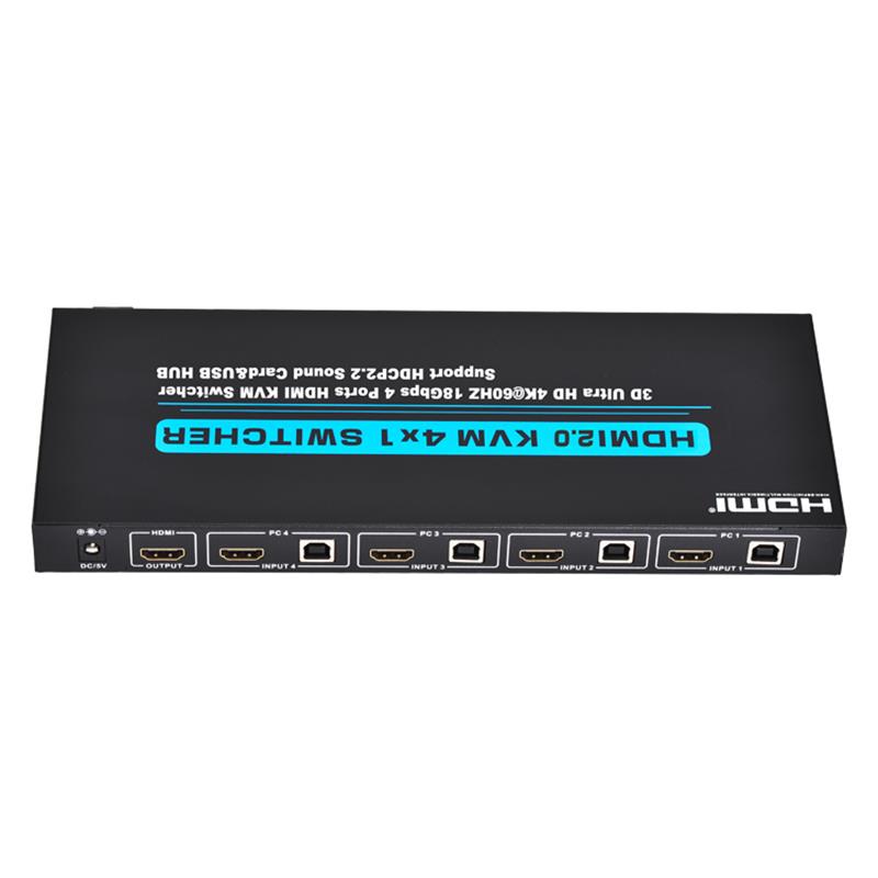 دعم محول V2.0 HDMI KVM 4 × 1 الترا HD 4Kx2K @ 60Hz HDCP2.2 بطاقة الصوت بسرعة 18 جيجابت في الثانية ومحور USB