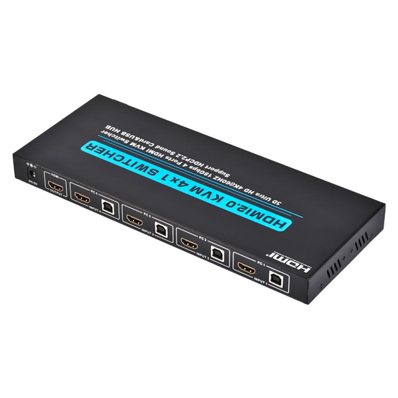 دعم محول V2.0 HDMI KVM 4 × 1 الترا HD 4Kx2K @ 60Hz HDCP2.2 بطاقة الصوت بسرعة 18 جيجابت في الثانية ومحور USB