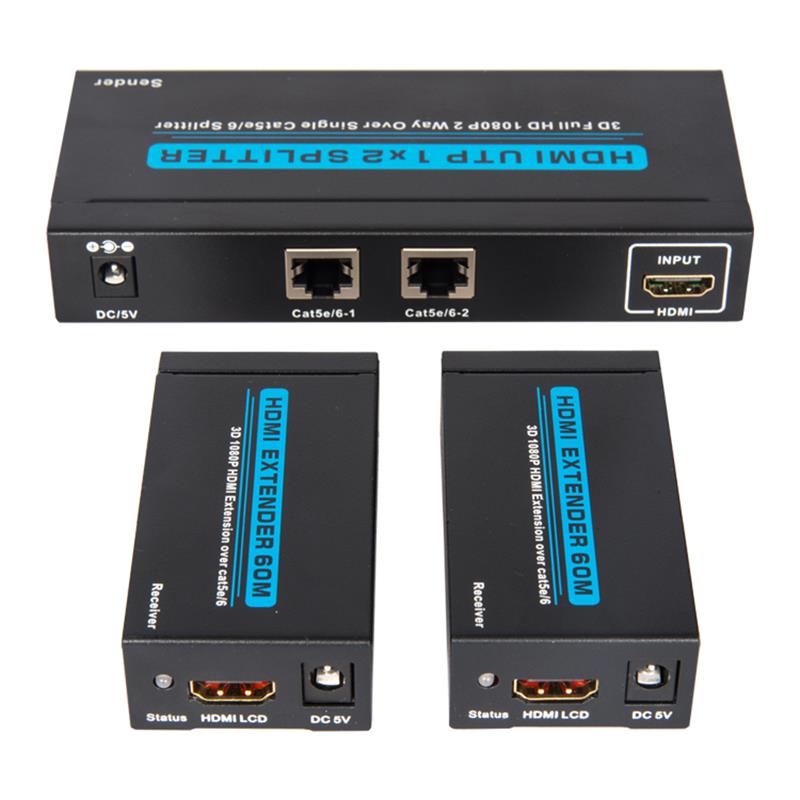 منفذان UTP HDMI 1 × 2 الفاصل على Cat5e / 6 أحادي مع مستقبلين يصلان إلى 60 مترًا