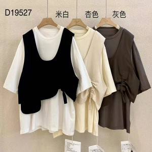 تصميم فضفاض مناسب بنمط ياقة مستديرة بسيط نمط بأكمام مخيطة غير رسمي بلون سادة من القطن والكتان مقاس كبير مخصص 19527 تي شيرت + صدريات