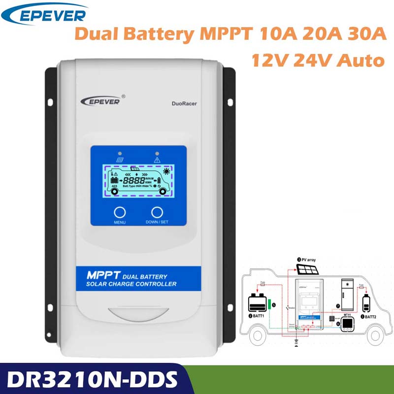 Epever Duoracer MPPT 10A 20A 30A شاحن للطاقة الشمسية والخروج تحكم 12V 24V السيارات المزدوجة بطارية منظم ل rv العربة قارب