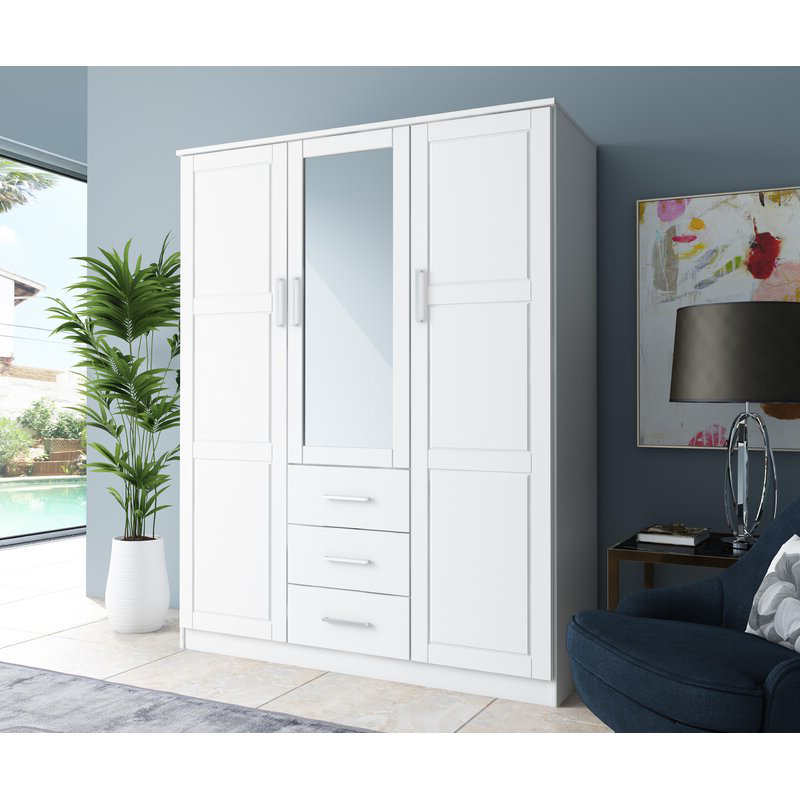MWD22008-Solid Wood Family Wardrobe/closet/closet، خزانة 3 أبواب مع مرآة و 3 أدراج، أبيض.
