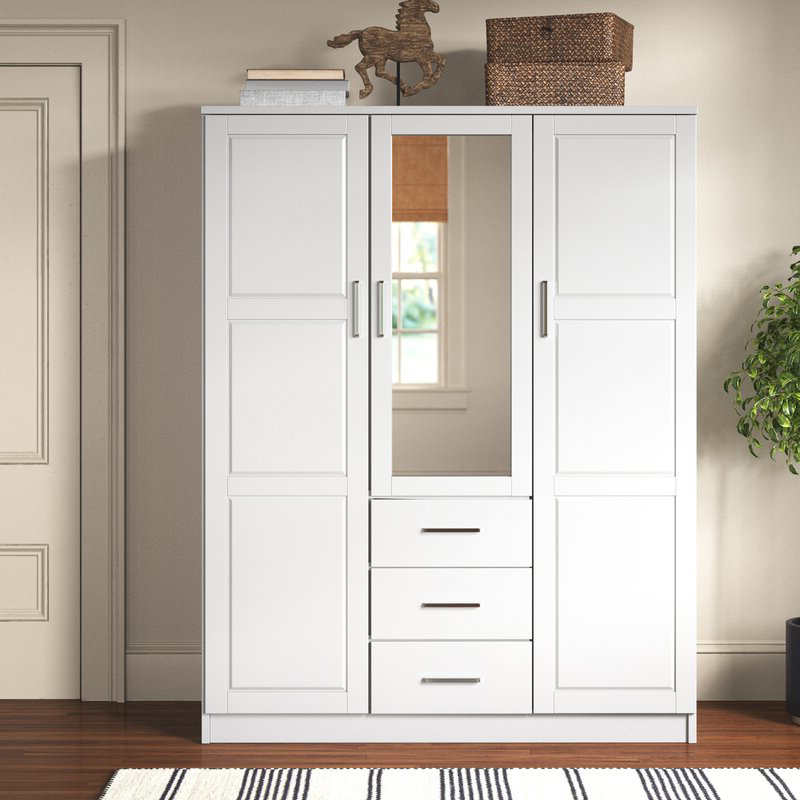 MWD22008-Solid Wood Family Wardrobe/closet/closet، خزانة 3 أبواب مع مرآة و 3 أدراج، أبيض.