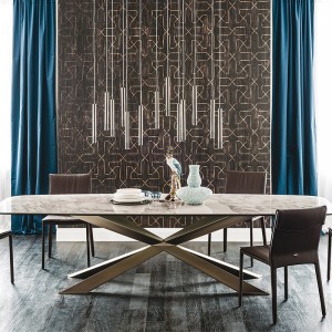 التصميمات الإيطالية الساقين المعدنية الطويلة الحديثة مستطيلة الحجر الطعام طاولة 10 مقاعد