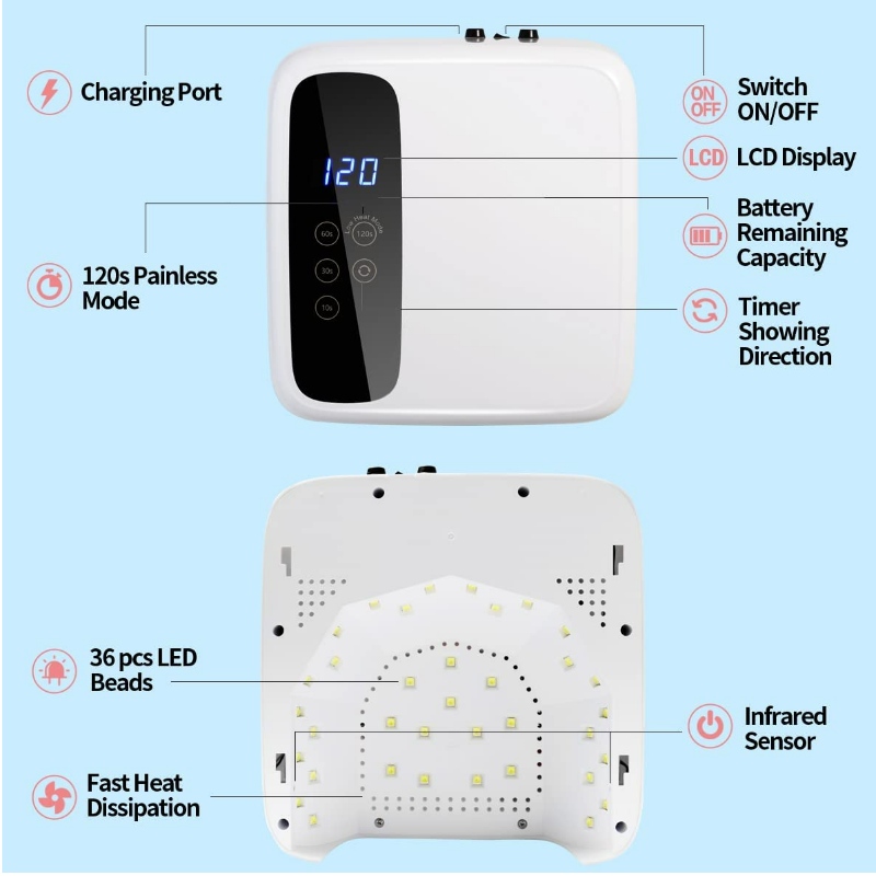 M&R 602Pro LED LED LED LAM ، مجفف الأظافر اللاسلكي ، 72W قابلة لإعادة الشحن ضوء الظفر LED ، GEL المحمولة مصباح الظفر LED مع 4 توقيت إعداد مستشعر وشاشة LCD ، مصباح الأظافر LED احترافي لتلميع الهلام