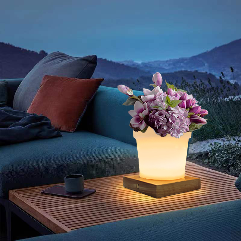 تغيير اللون RGB LED Plant Pot Table مصباح اللمس ، الحديث البسيط PE بلاستيك زهرة LED مصابيح الطاولة مع قاعدة خشبية صلبة لغرفة المعيشة/office