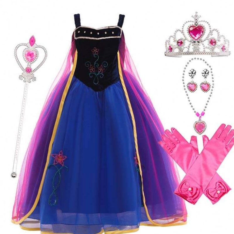 Girl Cosplay Snow Queen Princess Costume Anna Dress Costume with Crown Wand Glove Association HCGD-010