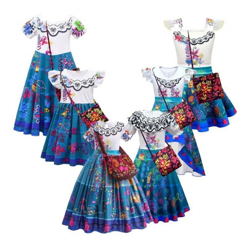 2022 الأطفال Encanto Madrigal Princess Chailts Fress Blue Mirabel Dress من Encanto مع حقيبة 100-160 سم HCIS-001