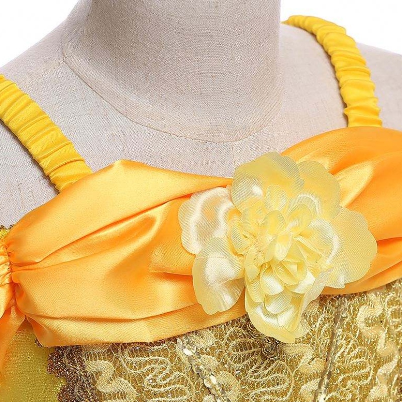 Baige تصميم جديد للأطفال زيات الفتيات أسماء الفتيات مع صور الأميرة بيل لونغ فستان أصفر منتفخ SMR023