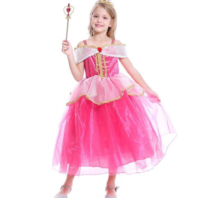 الفتيات أورورا الأميرة لباس طويل الأكمام قبالة كتف الدانتيل رداء الأطفال Helloween