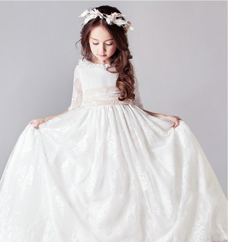 الفساتين البيضاء الطويلة للأطفال فتيات الأميرة الأنيقة زفاف ضيف الأطفال وصيفه دانتيل فستان الحزب في المساء 3 6 14 سنة