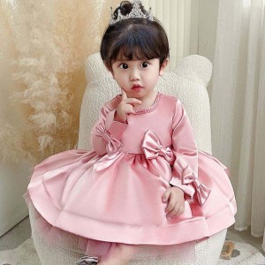 Baige Long Sleeves Party Flower Girl Dress Big Bow 1-6years Kids Clothing Frock Design 9105