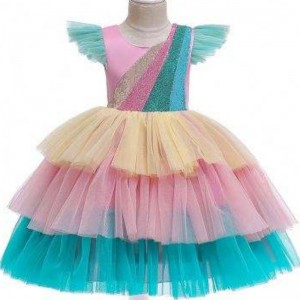 Baige Tulle Sleeves Unicorn Tutu Skirt Kids كعكة الكعكة فستان زي هالوين حفلة