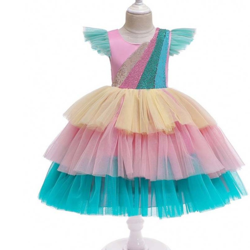 Baige Tulle Sleeves Unicorn Tutu Skirt Kids كعكة الكعكة فستان زي هالوين حفلة