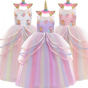Baige Hot Sale Rainbow Unicorn Party Dresses Children Flower Girl Dress مع عقال