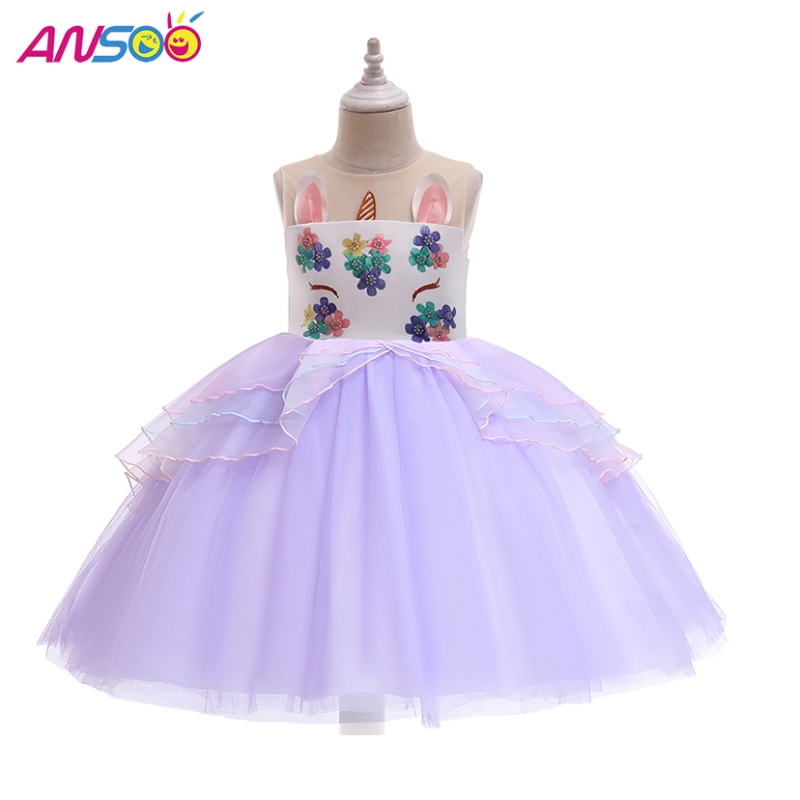 ansoo unicorn princess flower girl dress wholesale اطفال زفاف فستان الركبة طول الفتيات الحزب