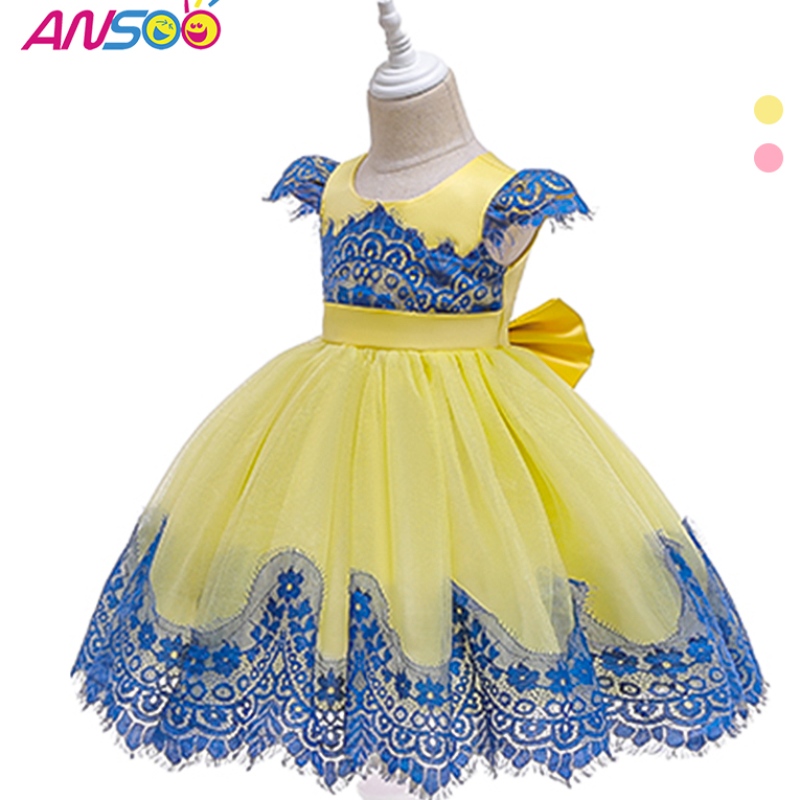 ansoo baby Girls Puff Sleeve Retro Party Yellow Dress Children