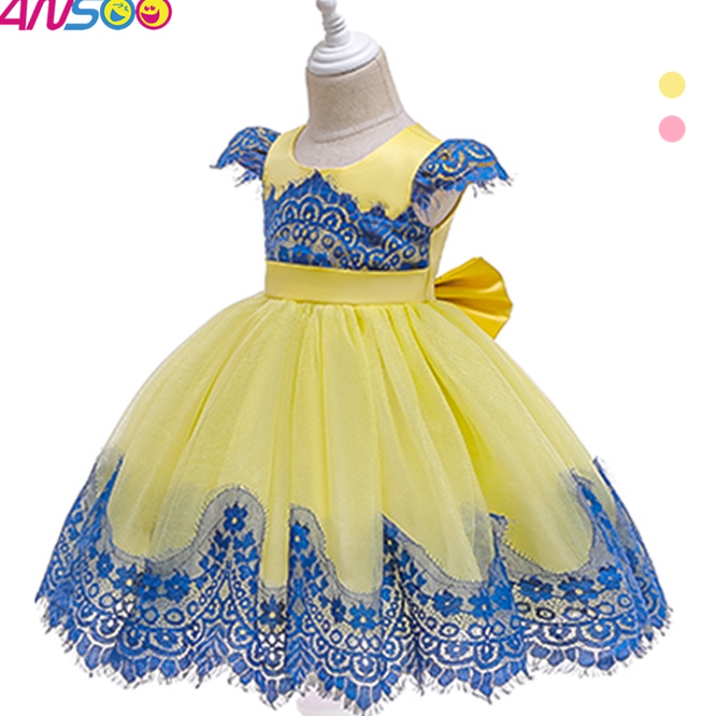 ansoo New Children \\'s clash color ins dress requins requins lace princess bress with big bow for 3-10 years girl