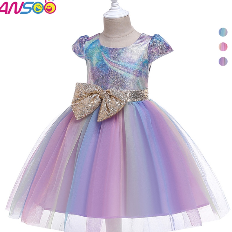 ANSSO بالجملة 2-12YEARS KIRDS TODDLER FLOWER GIRLS TUTU Dress Rainbow Princess Birthday Baby Birly Party Fress for Children