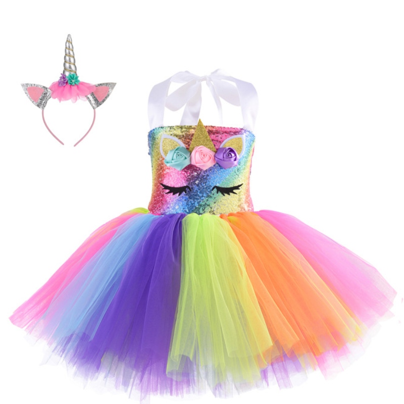 فستان Party Sequin Party Unicorn Princess Fress for Girls 1-10y مع فستان ترقص عيد ميلاد عقال