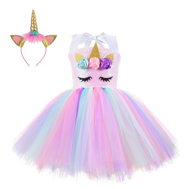 فستان Party Sequin Party Unicorn Princess Fress for Girls 1-10y مع فستان ترقص عيد ميلاد عقال