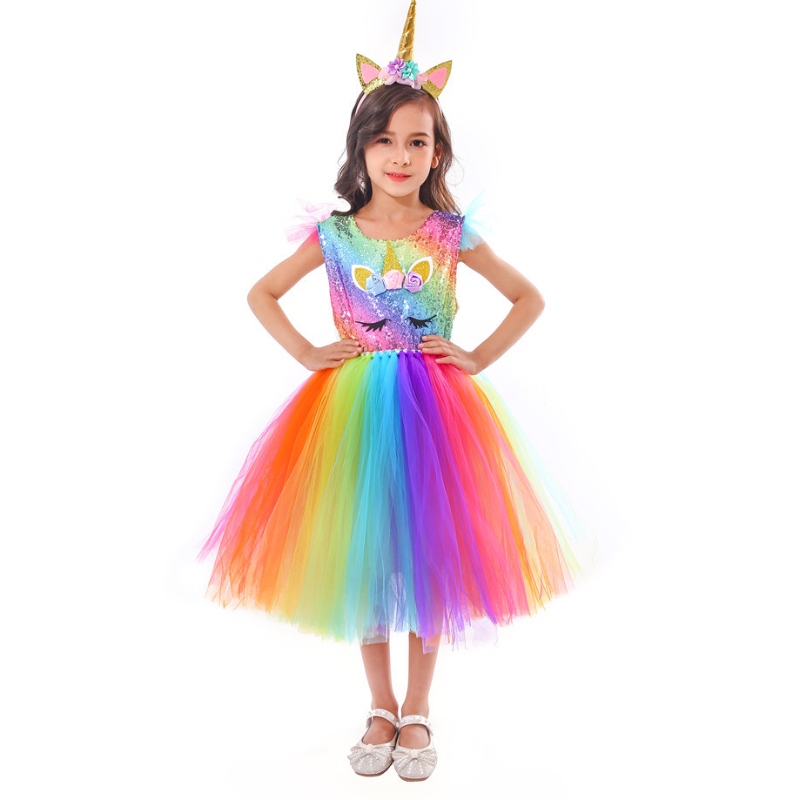 Princess Dress Colorful Rainbow Mesh Tutu تنورة مع عقال للفتيات