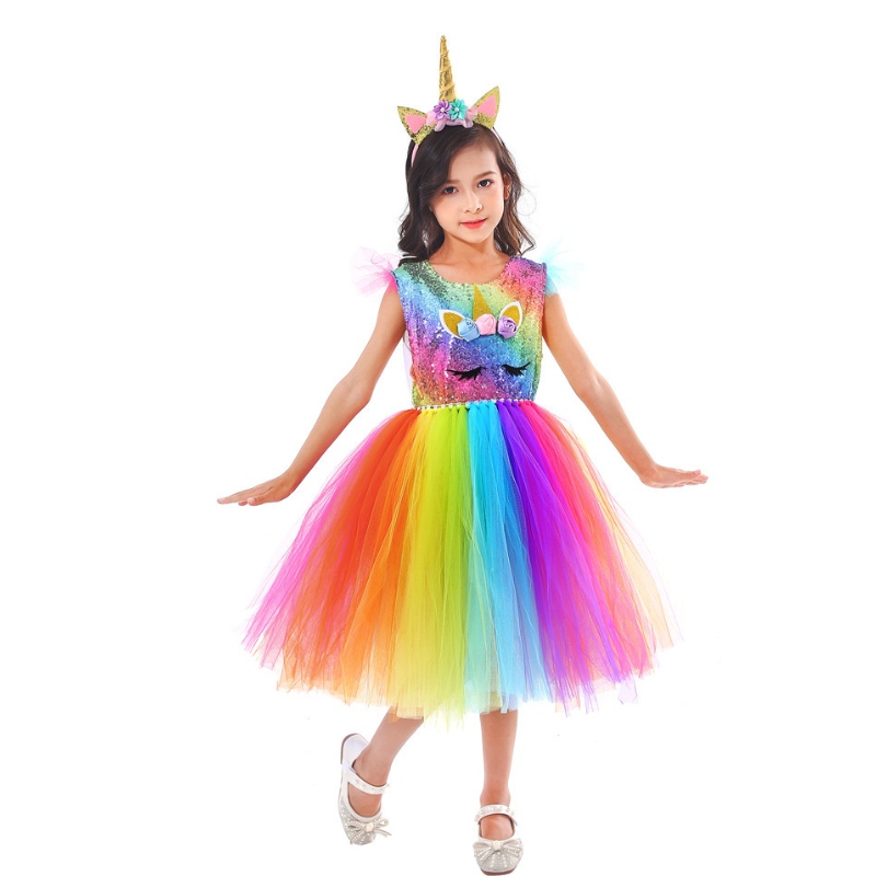 Princess Dress Colorful Rainbow Mesh Tutu تنورة مع عقال للفتيات