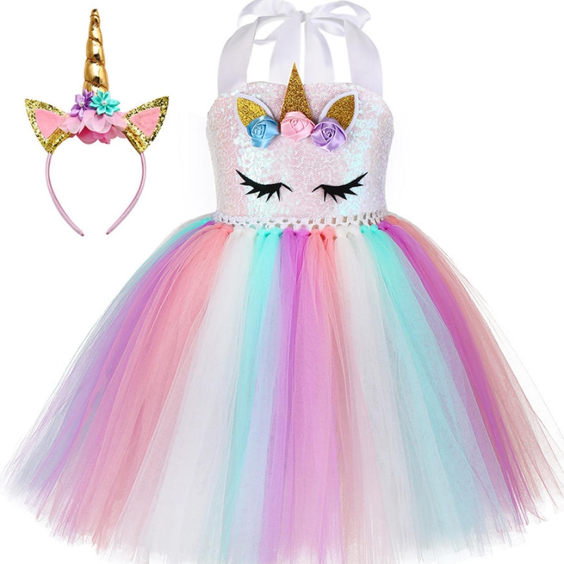 طفل طفل فتاة عيد ميلاد الحفلة Cosplay Costume LED Up Rainbow Unicorn Fluffy Tulle Tulle Tutu Dress مع عقال