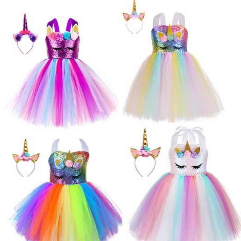 طفل طفل فتاة عيد ميلاد الحفلة Cosplay Costume LED Up Rainbow Unicorn Fluffy Tulle Tulle Tutu Dress مع عقال