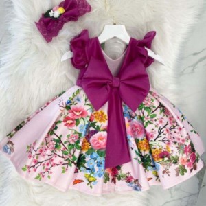 Baige Big Bow Christmas Flower Girl Party Princess Dress Baige print v-back birth Ball Ball L2033XZ