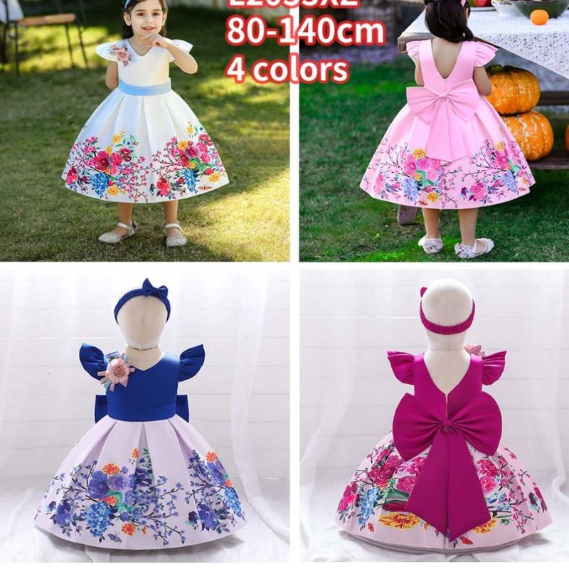 Baige Big Bow Christmas Flower Girl Party Princess Dress Baige print v-back birth Ball Ball L2033XZ