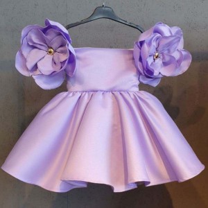 Baige Big Flower Kids Dress Pink Bridal Satin Party Baby Ball Ball Girls \\\\ \'عيد ميلاد مع القوس على الكتف