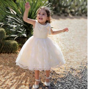 Baige Beaded Bow Knot Party Dress for Girl طفلة فستان الأميرة