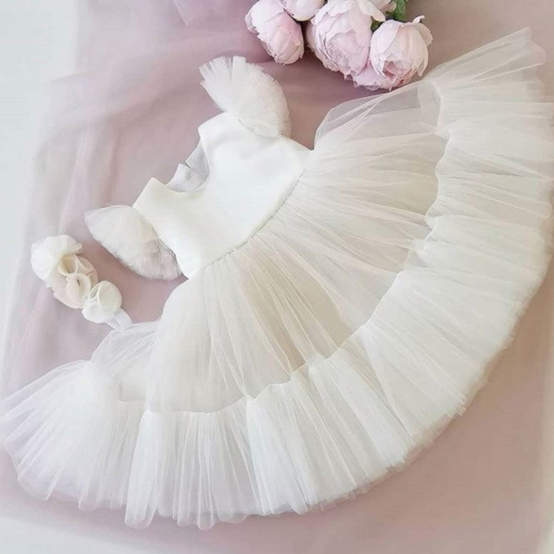 Baige Hot Sale White Flower Girl Tutu Party Dress Dressy Buffy Birth Ball Ball