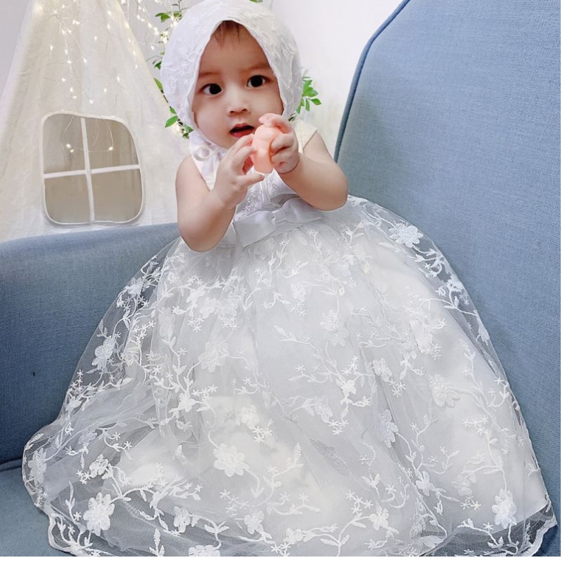 Baige New Party Girl Dress White Royal Design Newborn Baby Dressing Dresses B-8873