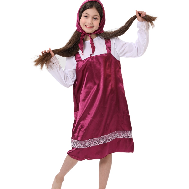 Masha و Bear Cosplay Party Stage Stage Children Costume Masha Silk Dress for Girl