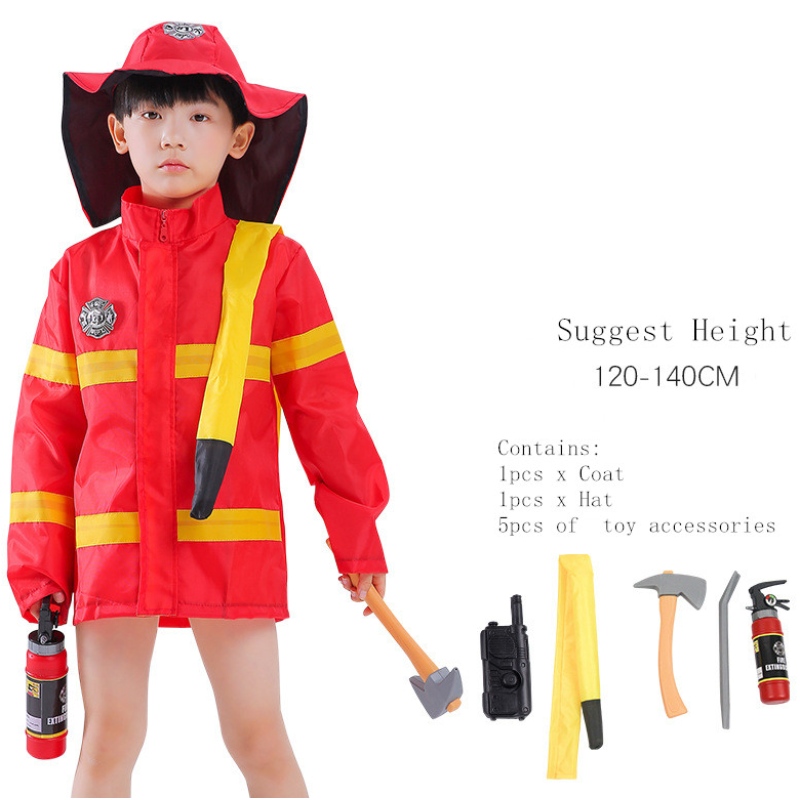 أطفال أزياء إطفاء الأطفال ، رجل إطفاء ، يرتدي ملابس إطفاء.