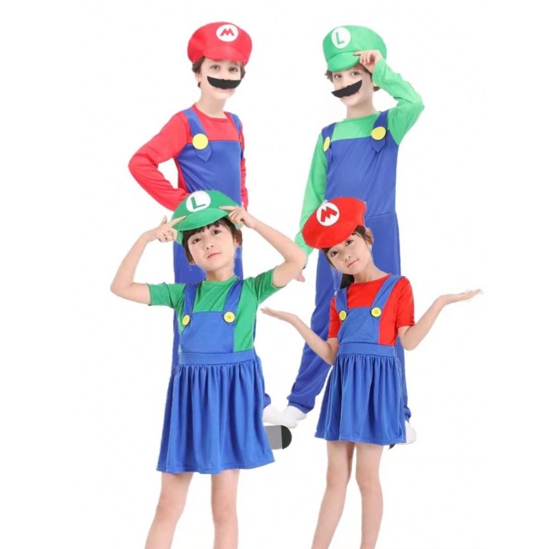 Super Mario ملابس البالغين والأطفال Mario Family Bros Cosplay مجموعة الأطفال هدية هدية هالوين حفلة ماريو&لويجي ملابس