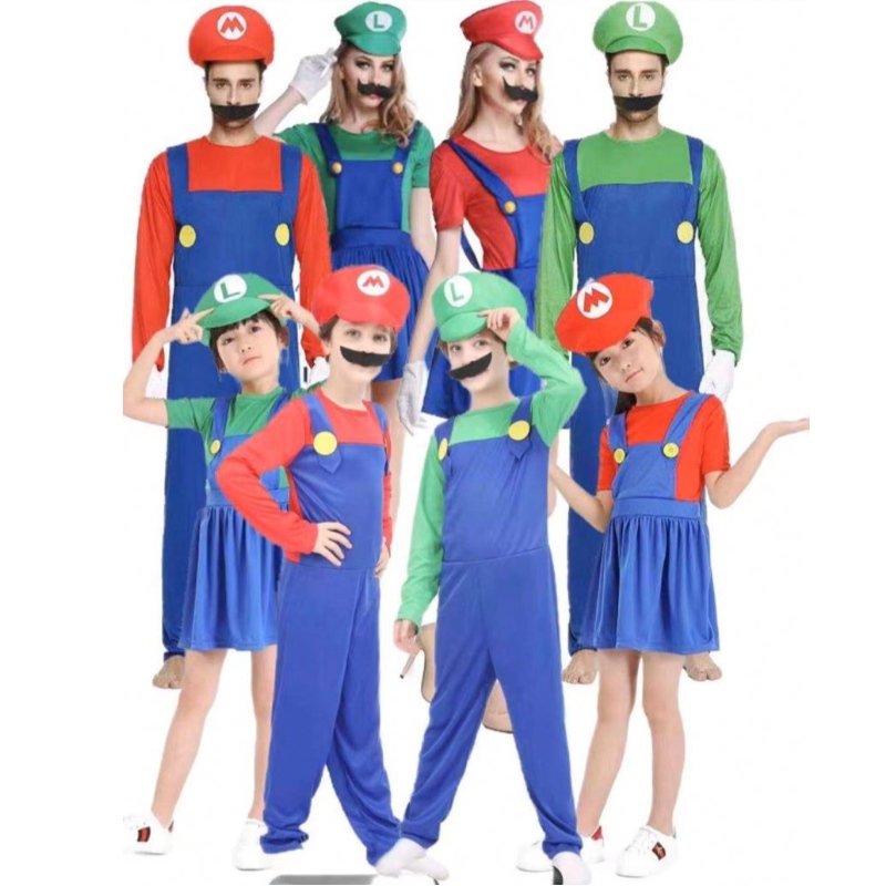 Super Mario ملابس البالغين والأطفال Mario Family Bros Cosplay مجموعة الأطفال هدية هدية هالوين حفلة ماريو&لويجي ملابس