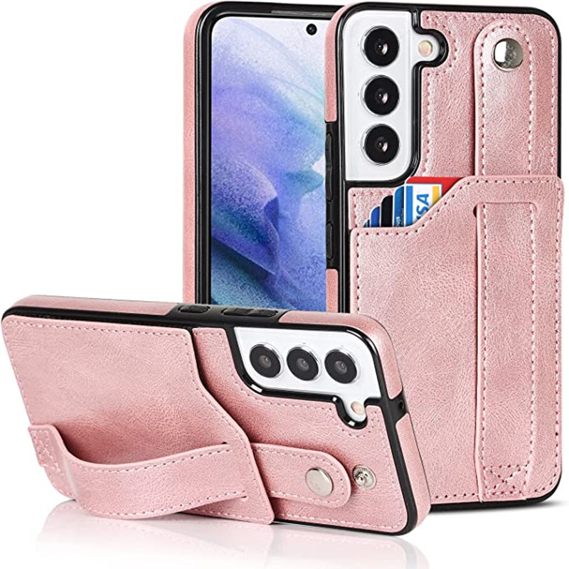 مصمم ل Samsung Galaxy S22 5G Wallet Case مع حزام معصم قابل للتعديل Kickstand Pu Leather Card Card Card Heachprid Hybrid Hybrid Rugged Protction for Women Men 6.1 Inch Pink
