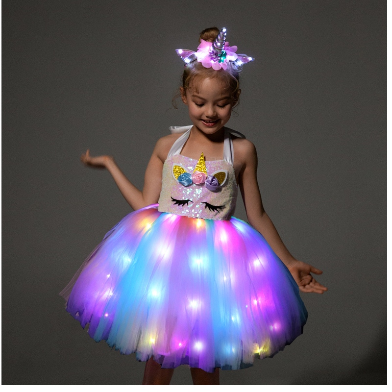 2022 أطفال فتيات لطيف أزياء وحيد القرن مع LED LID UP Dress for Halloween Birthday Party Gift Sleeve Frock Clothing