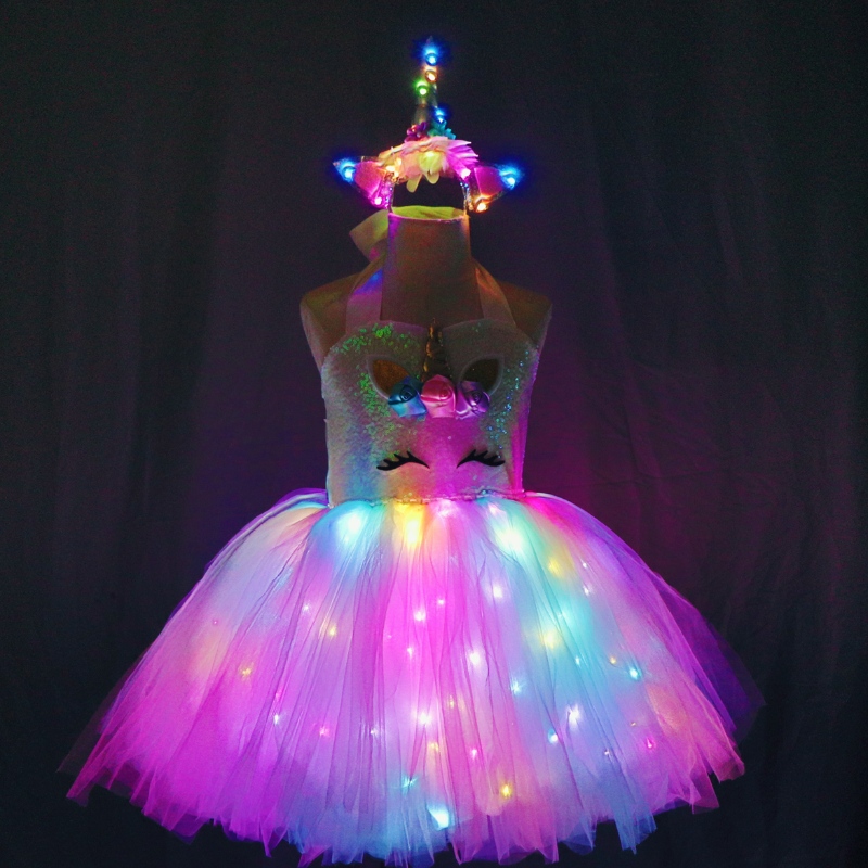 2022 أطفال فتيات لطيف أزياء وحيد القرن مع LED LID UP Dress for Halloween Birthday Party Gift Sleeve Frock Clothing
