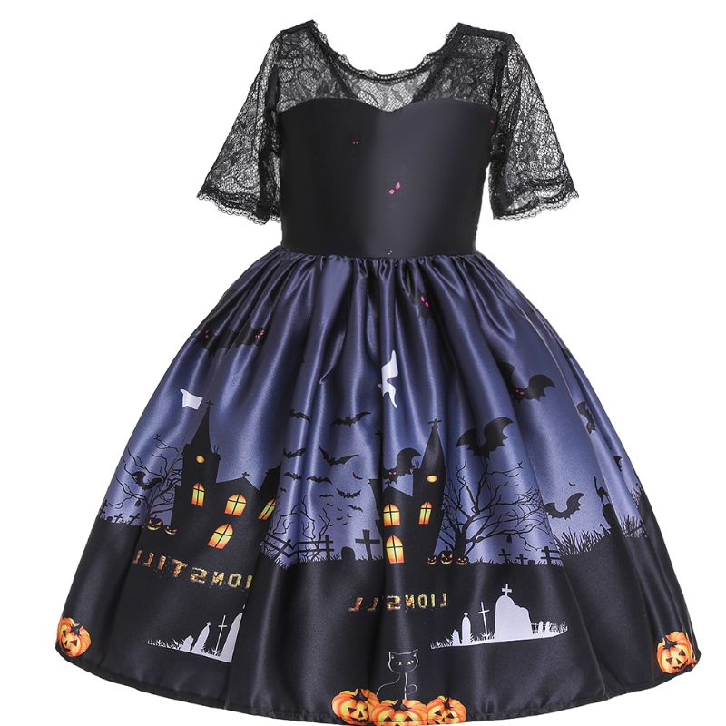 هالوين الأميرة لباس الدانتيل أنبوب أعلى فستان شبح طباعة الأطفال