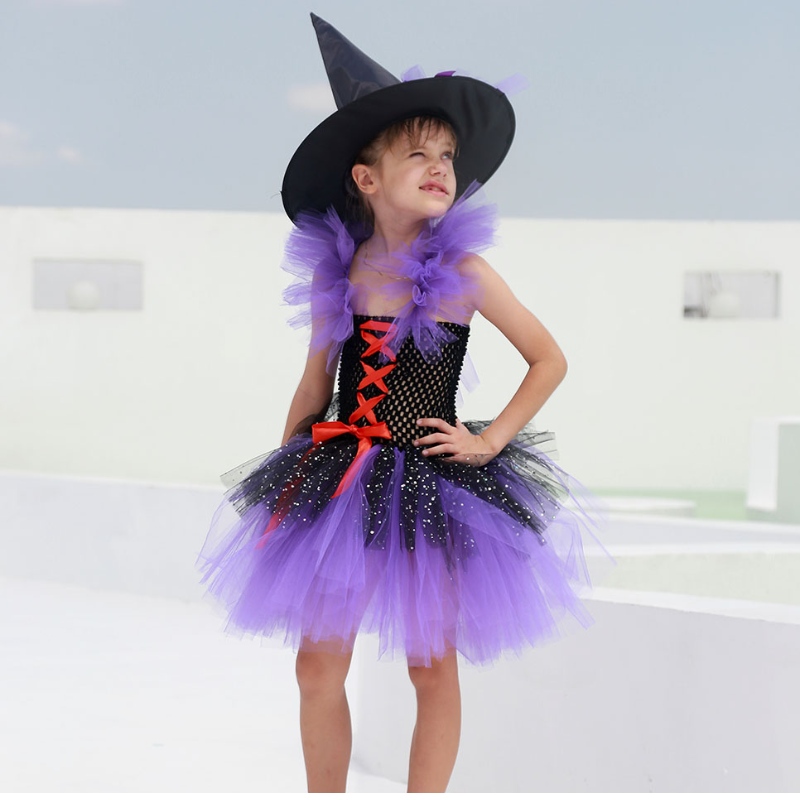 Amazon Hot بيع زي Tutu Witch Dress للبنات مع قبعة الساحرة Halloween Carnival Party