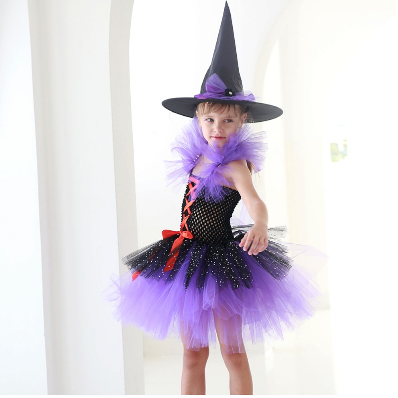 Amazon Hot بيع زي Tutu Witch Dress للبنات مع قبعة الساحرة Halloween Carnival Party