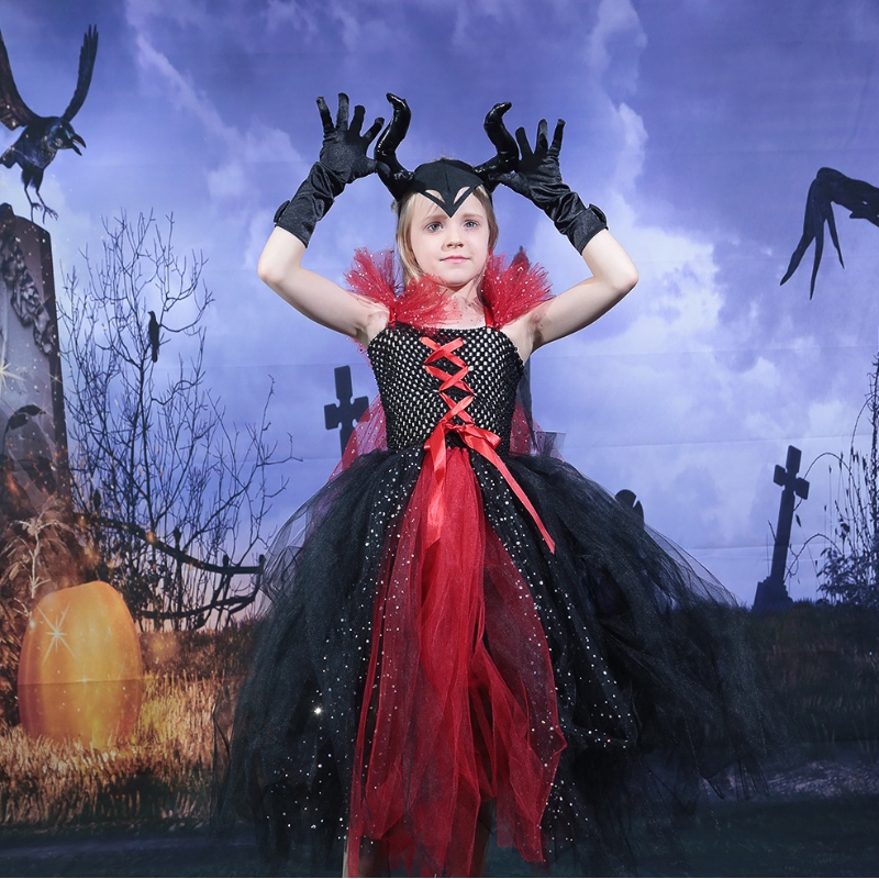 Amazon Hot بيع الأطفال Girls Deluxe Halloween Vampire Witch Costume Fairy Princess Evil Tutu Dressles Butsbelder